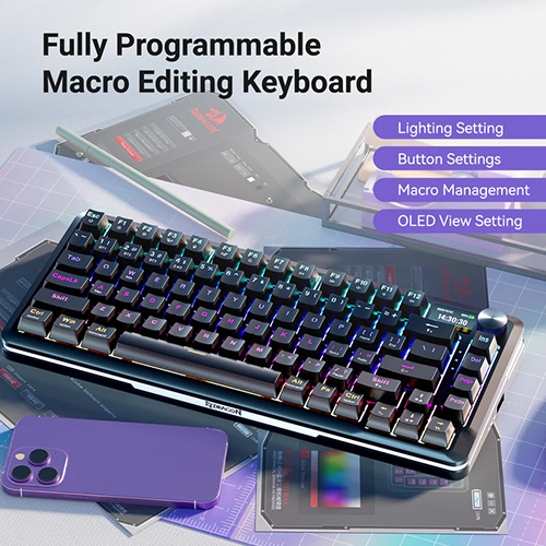 უკაბელო ტენვადი მექანიკური კლავიატურა - Redragon K708 Flexact Pro Leopard L Linear Switch Black Rechargable WL BT