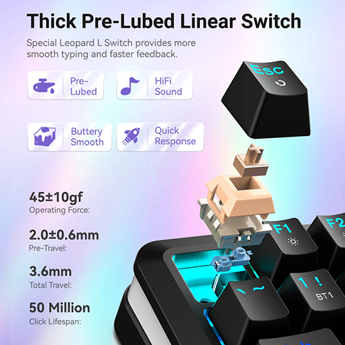 უკაბელო ტენვადი მექანიკური კლავიატურა - Redragon K708 Flexact Pro Leopard L Linear Switch Black Rechargable WL BT
