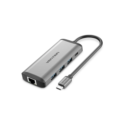 Multi ადაპტერი - Vention Type-C To HDMI USB 3.0x3 SD TF PD RJ45 Gray Metal Type