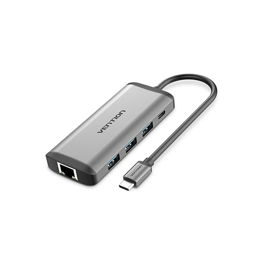 Multi ადაპტერი - Vention Type-C To HDMI USB 3.0x3 SD TF PD RJ45 Gray Metal Type