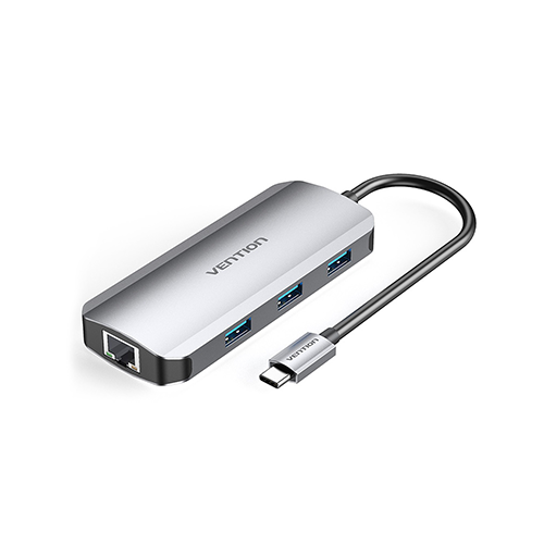 Multi ადაპტერი - Multi-function Type-C to HDMI USB3.0x3 RJ45 SD TF TRRS 3.5mm PD Docking Station 0.15M Gray Aluminum Alloy Type Vention