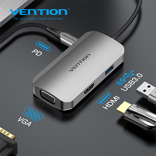 Multi ადაპტერი - Type-C To HDMI VGA USB 3.0 PD Docking Station 0.15M Gray Aluminum Alloy Type Vention