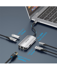 Multi ადაპტერი - Type-C to USB3.0x3/RJ45/PD Hub 0.15M Gray Aluminum Alloy Type Vention