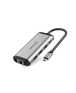 Multi ადაპტერი - Multi-function Type-C to HDMI/USB3.0*3/TF/SD/RJ45/3.5mm/PD Docking Station 0.15m Gray Metal Type Vention
