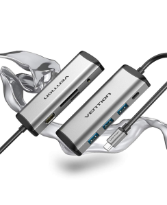 Multi ადაპტერი - Multi-function Type-C to HDMI/USB3.0*3/TF/SD/RJ45/3.5mm/PD Docking Station 0.15m Gray Metal Type Vention