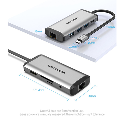 Multi ადაპტერი - Multi-function Type-C to HDMI USB3.0*3 TF SD RJ45 3.5mm PD Docking Station 0.15m Gray Metal Type Vention