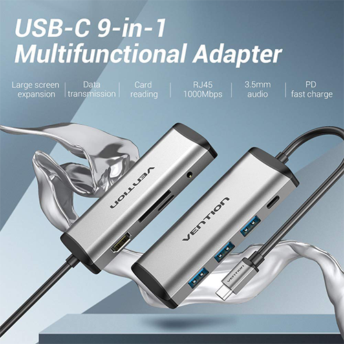 Multi ადაპტერი - Multi-function Type-C to HDMI USB3.0*3 TF SD RJ45 3.5mm PD Docking Station 0.15m Gray Metal Type Vention