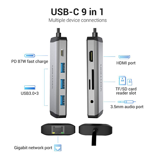 Multi ადაპტერი - Multi-function Type-C to HDMI USB3.0*3 TF SD RJ45 3.5mm PD Docking Station 0.15m Gray Metal Type Vention