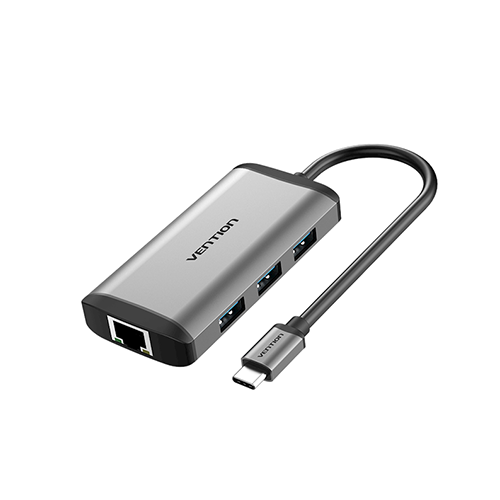 Multi ადაპტერი - Type-C to HDMI/USB3.0*3/RJ45/PD Converter 0.15M Gray Metal Type Vention