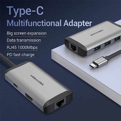 Multi ადაპტერი - Type-C to HDMI/USB3.0*3/RJ45/PD Converter 0.15M Gray Metal Type Vention