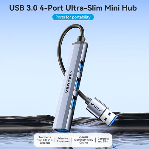 USB Hub 4 Port - Vention USB 3.0 To USB 3.0 USB 2.0 3 Mini Hub 0.15მ Gray Metal Type