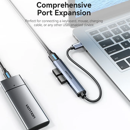USB Hub 4 Port - Vention USB 3.0 To USB 3.0 USB 2.0 3 Mini Hub 0.15მ Gray Metal Type
