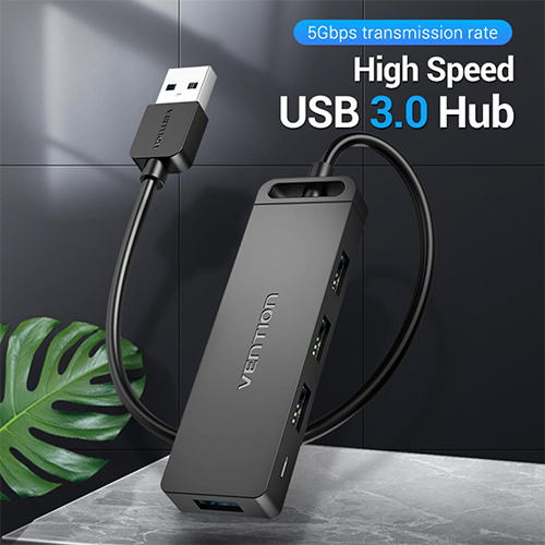 USB Hub 4 Port - Vention USB 3.0 Hub With Power Supply 0.5მ Black