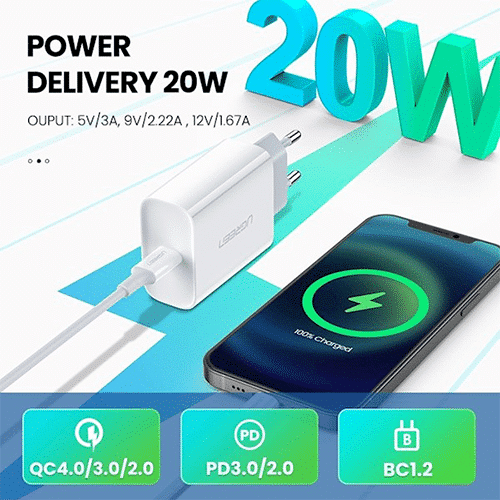 მობილურის დამტენი - Ugreen CD137 Fast Charging Port USB Type C Original Power Adapter with PD 20W EU White