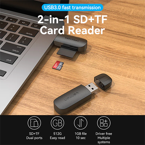 ბარათის წამკითხველი - USB Card Reader - Vention 2-in-1 USB 3.0 A (SD+TF) Black Single Drive Letter