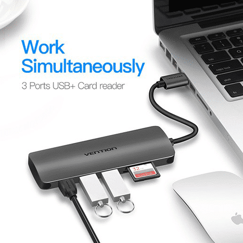 Multi ადაპტერი - Vention CHHHA 3 Ports USB 3.0 Hub With Card Reader 0.1M Gray Metal Type