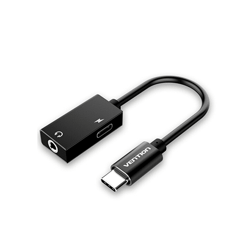 გადამყვანი - Type-C To Aux Vention 0.1მ With Type-C Power Supply Black Metal Type