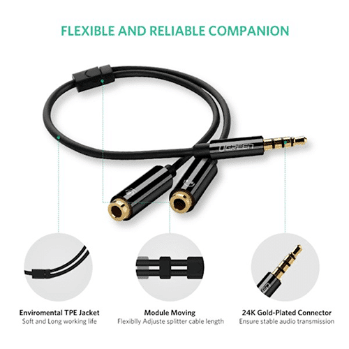 Aux კაბელი 1x2 - Ugreen AV141 Audio Cable 3.5mm Jack Microphone Splitter cable 1 Male to 2 Female black 20cm 30620