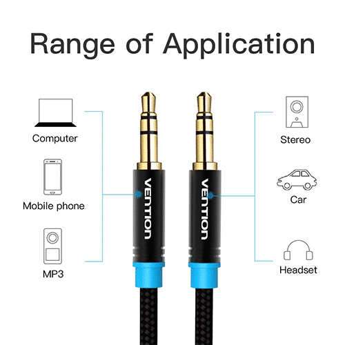 Aux კაბელი - Vention 3.5 mm Black Metal Type 5მ