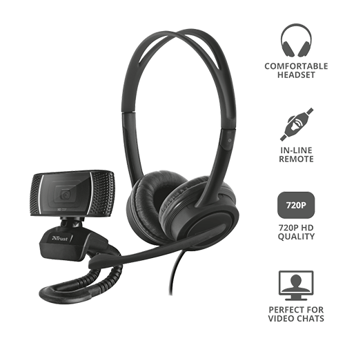 კომბო - ყურსასმენი + ვიდეოთვალი - Trust Doba USB Headset + 720p HD Webcam