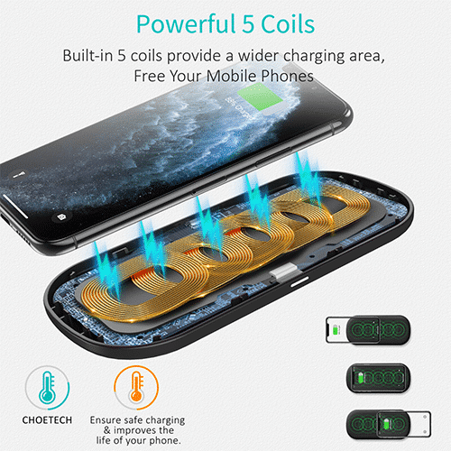 მულტი უკაბელო დამტენი - Choetech T535-S 20W, 2 In 1 Wireless 5 coils Charging Pad